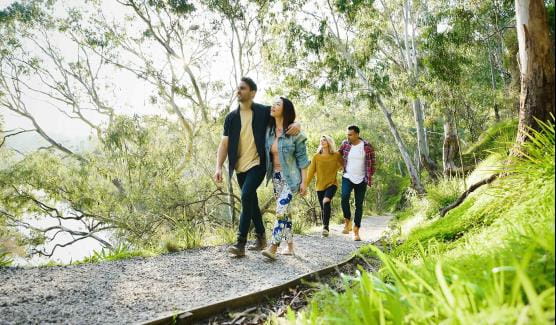 Four friends walk alongside the Yarra River through Yarra Bend Park.